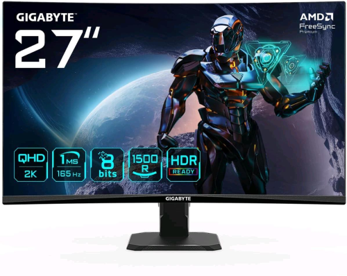 <b>GIGABYTE GS27QC</b> Ã¨ un monitor gaming curvo da 27" con risoluzione <b>QHD</b> e refresh rate di <b>165Hz</b>. Offre immersione totale grazie al pannello VA 1500R e FreeSync Premium per un gameplay fluido e preciso
